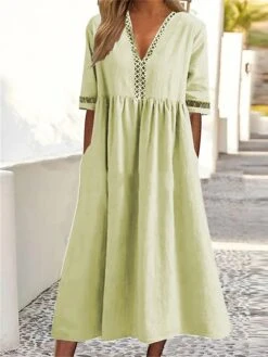 Women‘s Casual Dress Cotton Linen Dress Caftan Dress Swing Dress Midi Dress Cotton Blend Basic Classic Outdoor Daily Vacation V Neck Ruched Hollow Out Half Sleeve Summer Spring Fall 2023 -HAYz Clothing Shop nhzngo1681213052138
