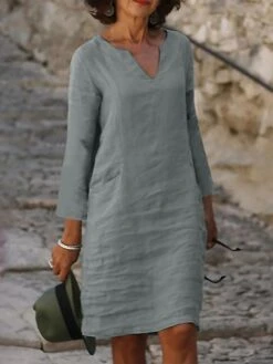 Women's Casual Dress Cotton Linen Dress Shift Dress Midi Dress Cotton Blend Modern Style Modern Outdoor Daily Date Split Neck Button Rolled Cuff 3/4 Length Sleeve Summer Spring Fall 2023 Regular Fit -HAYz Clothing Shop niatoy1691462073661