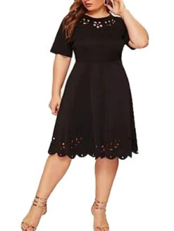 Women‘s Plus Size Curve Casual Dress Black Dress A Line Dress Solid Color Midi Dress Short Sleeve Hollow Out Crew Neck Fashion Daily Black Summer Spring L XL XXL 3XL 4XL