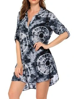 Women's Shirt Dress Beach Dress Beach Wear Mini Dress Button Plus High Low Casual Leopard Turndown 3/4 Length Sleeve Loose Fit Outdoor Daily Azure Black 2023 Spring Summer S M L XL -HAYz Clothing Shop nijzex1676892552871