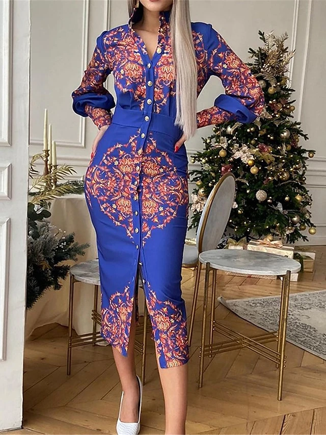 Women's Shirt Dress Casual Dress Bodycon Midi Dress Outdoor Office Daily Polyester Fashion Romantic Stand Collar Button Print Long Sleeve Summer Spring Fall 2023 Slim Blue Khaki Floral S M L XL 2XL 1 Women's Shirt Dress Casual Dress Bodycon Midi Dress Outdoor Office Daily Polyester Fashion Romantic Stand Collar Button Print Long Sleeve Summer Spring Fall 2023 Slim Blue Khaki Floral S M L XL 2XL