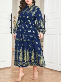 Women's Plus Size Curve Party Dress Wedding Guest Dress Long Dress Maxi Dress Dark Blue Long Sleeve Flower Lace Up Fall Winter Autumn Shirt Collar Fashion Evening Party Wedding Guest L XL -HAYz Clothing Shop nirshe1693210683800