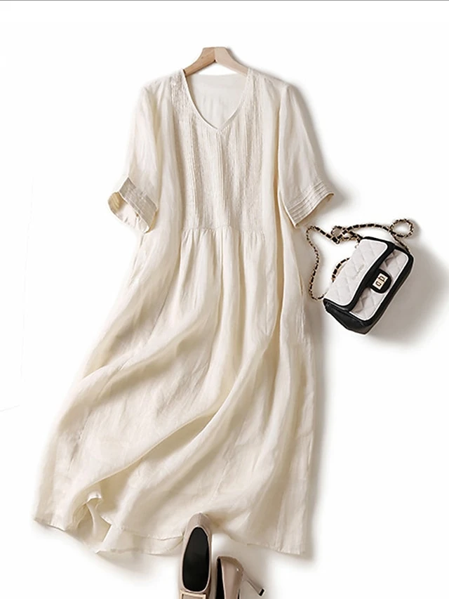 Women's Casual Dress Cotton Linen Dress White Dress Midi Dress Cotton Blend Basic Casual Outdoor Vacation V Neck Ruched Half Sleeve Summer Spring Fall 2023 Loose Fit White Green Apricot Pure Color M 4 Women's Casual Dress Cotton Linen Dress White Dress Midi Dress Cotton Blend Basic Casual Outdoor Vacation V Neck Ruched Half Sleeve Summer Spring Fall 2023 Loose Fit White Green Apricot Pure Color M - Image 4