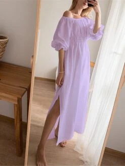 Women's Casual Dress Cotton Linen Dress White Dress Maxi Long Dress Linen / Cotton Blend Basic Classic Outdoor Daily Vacation Off Shoulder Backless Split Half Sleeve Summer Spring Fall 2023 Loose Fit -HAYz Clothing Shop njhwtm1689325818107