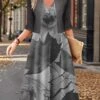 Women's Two Piece Dress Set Casual Dress Swing Dress Outdoor Daily Fashion Elegant Print Midi Dress V Neck Half Sleeve Leaf Regular Fit Blue Brown Gray Fall Winter S M L XL XXL