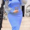 Women's Plus Size Curve Party Dress Work Dress Bodycon Plain Midi Dress Long Sleeve Ruffle Mesh Crew Neck Fashion Party Sky Blue Fall Winter XL XXL 3XL 4XL