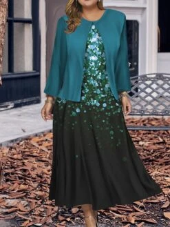 Women's Plus Size Two Piece Dress Set Casual Dress Swing Dress Outdoor Office Fashion Streetwear Print Midi Dress Crew Neck Long Sleeve Ombre Regular Fit Wine Navy Blue Blue Fall Winter L XL XXL 3XL -HAYz Clothing Shop njsyil1697785907562