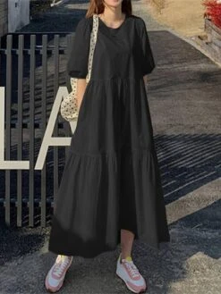Women's Casual Dress Cotton Linen Dress Swing Dress Maxi Long Dress Cotton Blend Basic Casual Outdoor Daily Holiday Crew Neck Ruched Pocket Half Sleeve Summer Spring 2023 Loose Fit Black White Red -HAYz Clothing Shop njykbq1657768777404