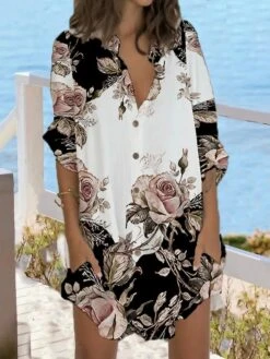 Women's Shirt Dress Casual Dress Shift Dress Mini Dress Outdoor Daily Vacation Polyester Fashion Casual Stand Collar Button Pocket Long Sleeve Summer Spring Fall 2023 Regular Fit Black Orange Floral