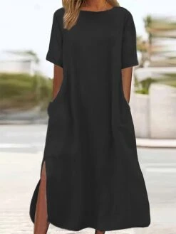 Women's Casual Dress Cotton Linen Dress A Line Dress Maxi Long Dress Cotton Blend Basic Modern Outdoor Daily Crew Neck Pocket Split Short Sleeve Summer Spring 2023 Loose Fit ArmyGreen Black Wine Plain -HAYz Clothing Shop njzwev1684825418909