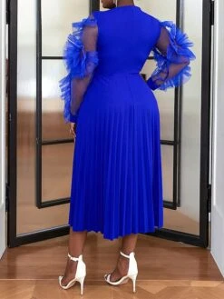 Women's Plus Size Curve Party Dress Formal Dress A Line Dress Plain Midi Dress Long Sleeve Pleated Ruffle Crew Neck Fashion Party Blue Fall Winter XL XXL 3XL 4XL -HAYz Clothing Shop nkftzq1694425976536