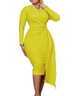 Women‘s Plus Size Curve Work Dress Solid Color V Neck Long Sleeve Fall Winter Elegant Formal Knee Length Dress Formal Date Dress -HAYz Clothing Shop nkgnez1663308379656