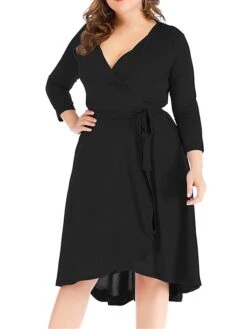 Women‘s Plus Size Curve Work Dress Semi Formal Dress Wrap Dress Fashion Midi Dress Lace Up V Neck Long Sleeve Plain Regular Fit Black Blue Spring Fall XL XXL 3XL 4XL 5XL -HAYz Clothing Shop nkpitu1691402325405