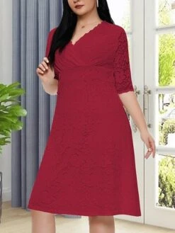 Women‘s Plus Size Curve Party Dress Lace Dress White Dress Solid Color Midi Dress Half Sleeve Lace V Neck Fashion Party White Red Summer Spring XL XXL 3XL 4XL 5XL -HAYz Clothing Shop nkqcmt1681204554719
