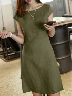 Women's Casual Dress Cotton Linen Dress A Line Dress Midi Dress Cotton Blend Casual Outdoor Vacation Crew Neck Zipper Short Sleeve Summer Spring 2023 Regular Fit ArmyGreen Light Green Pink Plain S M