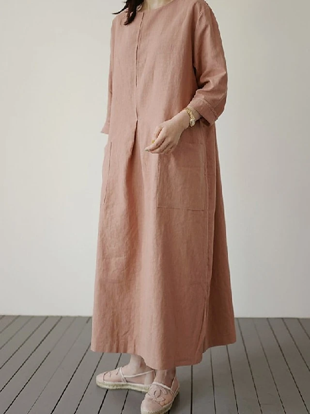 Women's Casual Dress Cotton Linen Dress Maxi Long Dress Linen / Cotton Blend Basic Classic Outdoor Daily Vacation Crew Neck Pocket Split 3/4 Length Sleeve Spring Fall Autumn 2023 Loose Fit Red Apricot 10 Women's Casual Dress Cotton Linen Dress Maxi Long Dress Linen / Cotton Blend Basic Classic Outdoor Daily Vacation Crew Neck Pocket Split 3/4 Length Sleeve Spring Fall Autumn 2023 Loose Fit Red Apricot - Image 10