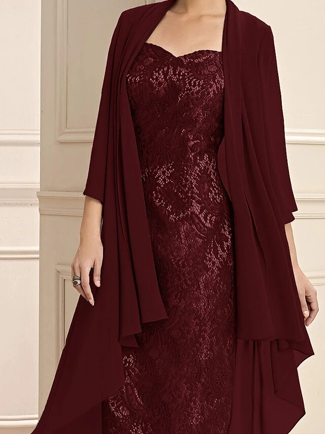 Women's Two Piece Dress Set Party Dress Lace Dress Party Outdoor Fashion Streetwear Lace Patchwork Midi Dress V Neck 3/4 Length Sleeve Plain Regular Fit Wine Fall Winter S M L XL XXL 3 Women's Two Piece Dress Set Party Dress Lace Dress Party Outdoor Fashion Streetwear Lace Patchwork Midi Dress V Neck 3/4 Length Sleeve Plain Regular Fit Wine Fall Winter S M L XL XXL - Image 3