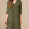 Women's Casual Dress Cotton Linen Dress A Line Dress Midi Dress Cotton Blend Basic Casual Outdoor Daily V Neck Pocket 3/4 Length Sleeve Summer Spring Fall 2023 Loose Fit ArmyGreen Navy Blue Orange