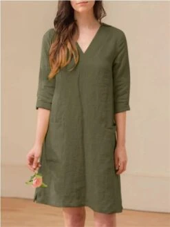 Women's Casual Dress Cotton Linen Dress A Line Dress Midi Dress Cotton Blend Basic Casual Outdoor Daily V Neck Pocket 3/4 Length Sleeve Summer Spring Fall 2023 Loose Fit ArmyGreen Navy Blue Orange