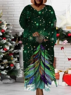 Women‘s Plus Size Christmas Dress Santa Claus V Neck Long Sleeve Winter Fall Modern Maxi Long Dress Daily Dress -HAYz Clothing Shop nlkqme1668158361785