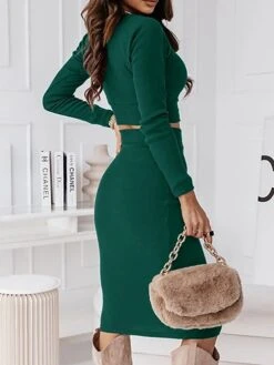Women's Two Piece Dress Set Casual Dress Skirt Set Outdoor Daily Fashion Sexy Ribbed Midi Dress Crew Neck Long Sleeve Plain Regular Fit Black Wine Green Fall Winter S M L XL -HAYz Clothing Shop nlpqvt1695268230650