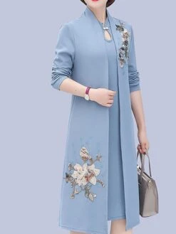 Women's Two Piece Dress Set Print Dress Outdoor Vacation Casual Print Midi Dress Stand Collar Long Sleeve Floral Loose Fit Pink Wine Blue Fall Winter XL XXL XXXL 4XL 5XL -HAYz Clothing Shop nmfyxm1675853174463