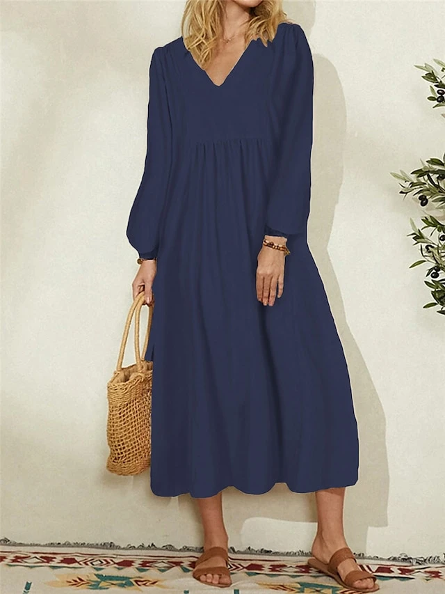 Women's Casual Dress Cotton Linen Dress Midi Dress Cotton Basic Classic Outdoor Daily Vacation V Neck Ruched Long Sleeve Summer Spring Fall 2023 Loose Fit Black White Navy Blue Plain M L XL 2XL 3XL 4 Women's Casual Dress Cotton Linen Dress Midi Dress Cotton Basic Classic Outdoor Daily Vacation V Neck Ruched Long Sleeve Summer Spring Fall 2023 Loose Fit Black White Navy Blue Plain M L XL 2XL 3XL - Image 4