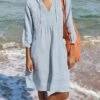 Women's Cotton Linen Dress Casual Dress Midi Dress Cotton Basic Classic Outdoor Daily Vacation V Neck Ruched Pocket 3/4 Length Sleeve Summer Spring Fall 2023 Regular Fit White Blue Green Plain S M L