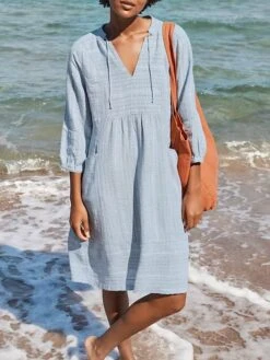 Women's Cotton Linen Dress Casual Dress Midi Dress Cotton Basic Classic Outdoor Daily Vacation V Neck Ruched Pocket 3/4 Length Sleeve Summer Spring Fall 2023 Regular Fit White Blue Green Plain S M L