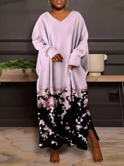 Women's Plus Size Curve Casual Dress Sweatshirt Dress Winter Dress Floral Gradient Long Dress Maxi Dress Long Sleeve Split Print V Neck Fashion Outdoor Pink Blue Fall Winter L XL XXL 3XL 4XL -HAYz Clothing Shop nnffiy1693386776856