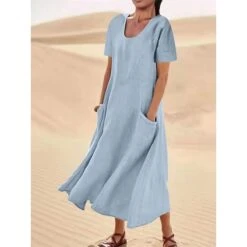Women's Casual Dress Cotton Linen Dress Swing Dress Maxi Long Dress Linen Cotton Blend Fashion Classic Outdoor Daily Vacation Crew Neck Pocket Short Sleeve Summer Spring 2023 Loose Fit Black Pink Sky -HAYz Clothing Shop nnjeva1681376496139