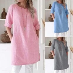 Women's Cotton Linen Dress A Line Dress Mini Dress Cotton Cotton Blend Casual Comfort Home Split Neck Pocket Rolled Cuff Half Sleeve Summer Spring Loose Fit Pink Light Blue Gray Pure Color S M L XL