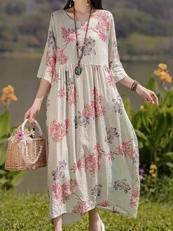 Women's Casual Dress Cotton Linen Dress Swing Dress Midi Dress Linen / Cotton Blend Sweet Style Modern Outdoor Daily Holiday Crew Neck Print 3/4 Length Sleeve Fall Winter Autumn 2023 Loose Fit Yellow -HAYz Clothing Shop nnmcom1693553161689