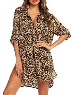 Women's Shirt Dress Beach Dress Beach Wear Mini Dress Button Plus High Low Casual Leopard Turndown 3/4 Length Sleeve Loose Fit Outdoor Daily Azure Black 2023 Spring Summer S M L XL -HAYz Clothing Shop nnnser1676892559782