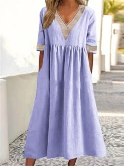 Women's Casual Dress Cotton Linen Dress Swing Dress Midi Dress Cotton Blend Fashion Basic Outdoor Daily Vacation V Neck Lace Ruched Half Sleeve Summer Spring Fall 2023 Loose Fit White Pink Blue Plain -HAYz Clothing Shop nnsymu1681213057714