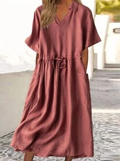 Women's Casual Dress Cotton Linen Dress A Line Dress Midi Dress Cotton Blend Basic Casual Outdoor Vacation Shirt Collar Pocket Short Sleeve Summer Spring 2023 Regular Fit Red Green Gray Plain M L XL -HAYz Clothing Shop nnwdyi1682673458385