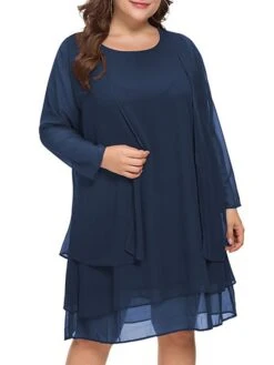 Women‘s Plus Size Curve Casual Dress Solid Color Crew Neck Mesh Long Sleeve Spring Fall Casual Knee Length Dress Daily Vacation Dress -HAYz Clothing Shop nogntk1691043844438