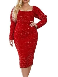 Women's Plus Size Curve Party Dress Sequin Dress Lace Dress Plain Midi Dress Long Sleeve Ruched Crew Neck Fashion Party Black Red Fall Winter XL XXL 3XL 4XL -HAYz Clothing Shop noiely1695031418652