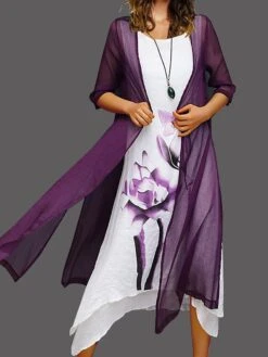 Women's Two Piece Dress Set Casual Dress Cotton Linen Dress Outdoor Daily Fashion Casual Fake Two Piece Print Midi Dress Crew Neck Short Sleeve Floral Painting Regular Fit Yellow Pink Red Summer