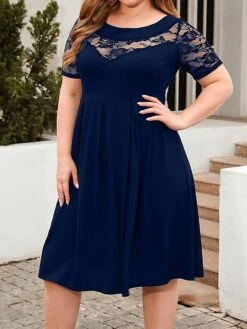 Women's Plus Size Curve Party Dress Lace Dress Semi Formal Dress Solid Color Midi Dress Short Sleeve Lace Crew Neck Fashion Party ArmyGreen Black Fall Winter XL XXL 3XL 4XL -HAYz Clothing Shop nonazp1695813610571