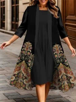 Women's Plus Size Curve Casual Dress Dress Set Two Piece Dress Floral Midi Dress 3/4 Length Sleeve Print Crew Neck Fashion Outdoor Yellow Blue Fall Winter L XL XXL 3XL 4XL