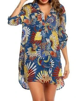 Women's Shirt Dress Beach Dress Beach Wear Mini Dress Button Plus High Low Casual Leopard Turndown 3/4 Length Sleeve Loose Fit Outdoor Daily Azure Black 2023 Spring Summer S M L XL -HAYz Clothing Shop nowgrr1676892561592