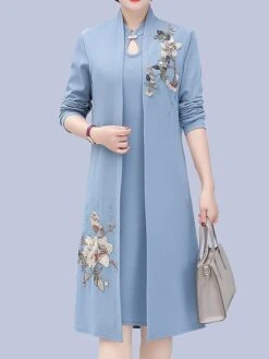 Women's Two Piece Dress Set Print Dress Outdoor Vacation Casual Print Midi Dress Stand Collar Long Sleeve Floral Loose Fit Pink Wine Blue Fall Winter XL XXL XXXL 4XL 5XL -HAYz Clothing Shop npazuu1675853175333