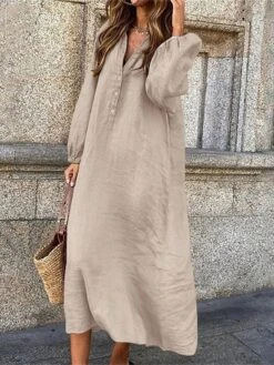 Women's Casual Dress Cotton Linen Dress Loose Dress Midi Dress Linen Cotton Blend Classic Casual Outdoor Daily Vacation V Neck Button Long Sleeve Fall Winter Autumn 2023 Loose Fit ArmyGreen Wine Navy