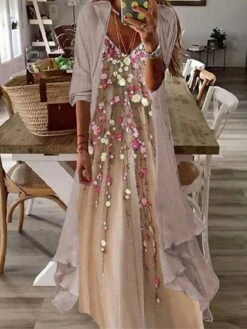 Women's Casual Dress Dress Set Two Piece Dress Long Dress Maxi Dress Purple Brown Green Half Sleeve Flower Print Summer Spring V Neck Fashion Vacation 2023 S M L XL XXL 3XL -HAYz Clothing Shop nqzeoy1671612931525