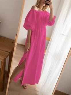 Women's Casual Dress Cotton Linen Dress White Dress Maxi Long Dress Linen / Cotton Blend Basic Classic Outdoor Daily Vacation Off Shoulder Backless Split Half Sleeve Summer Spring Fall 2023 Loose Fit -HAYz Clothing Shop nrbncm1689325815972