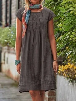 Women's Casual Dress Cotton Linen Dress Midi Dress Cotton Blend Basic Classic Outdoor Daily Crew Neck Basic Short Sleeve Summer Spring 2023 Loose Fit Black Yellow Sky Blue Plain S M L XL 2XL -HAYz Clothing Shop nrjsgg1691669500803