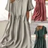 Women's Casual Dress Cotton Linen Dress A Line Dress Midi Dress Cotton Blend Basic Casual Outdoor Vacation Shirt Collar Pocket Short Sleeve Summer Spring 2023 Regular Fit Red Green Gray Plain M L XL