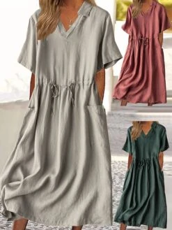 Women's Casual Dress Cotton Linen Dress A Line Dress Midi Dress Cotton Blend Basic Casual Outdoor Vacation Shirt Collar Pocket Short Sleeve Summer Spring 2023 Regular Fit Red Green Gray Plain M L XL
