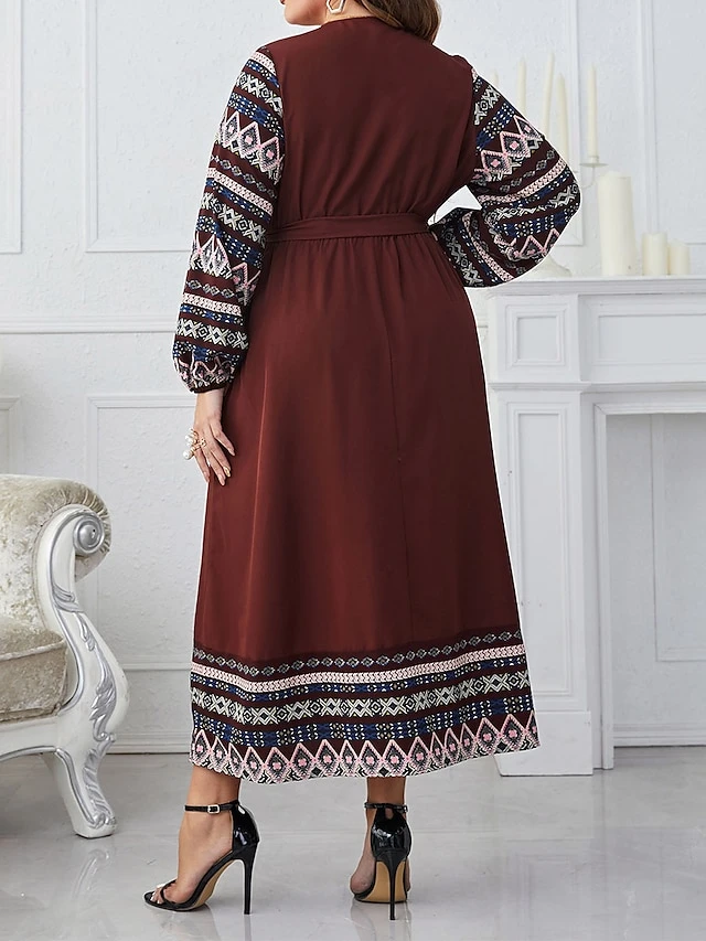Women's Plus Size Party Dress Wedding Guest Dress Empire Waist Dresses Long Dress Maxi Dress Brown Long Sleeve Geometric Patchwork Spring Fall Winter V Neck Fashion Winter Dress Evening Party Wedding 3 Women's Plus Size Party Dress Wedding Guest Dress Empire Waist Dresses Long Dress Maxi Dress Brown Long Sleeve Geometric Patchwork Spring Fall Winter V Neck Fashion Winter Dress Evening Party Wedding - Image 3